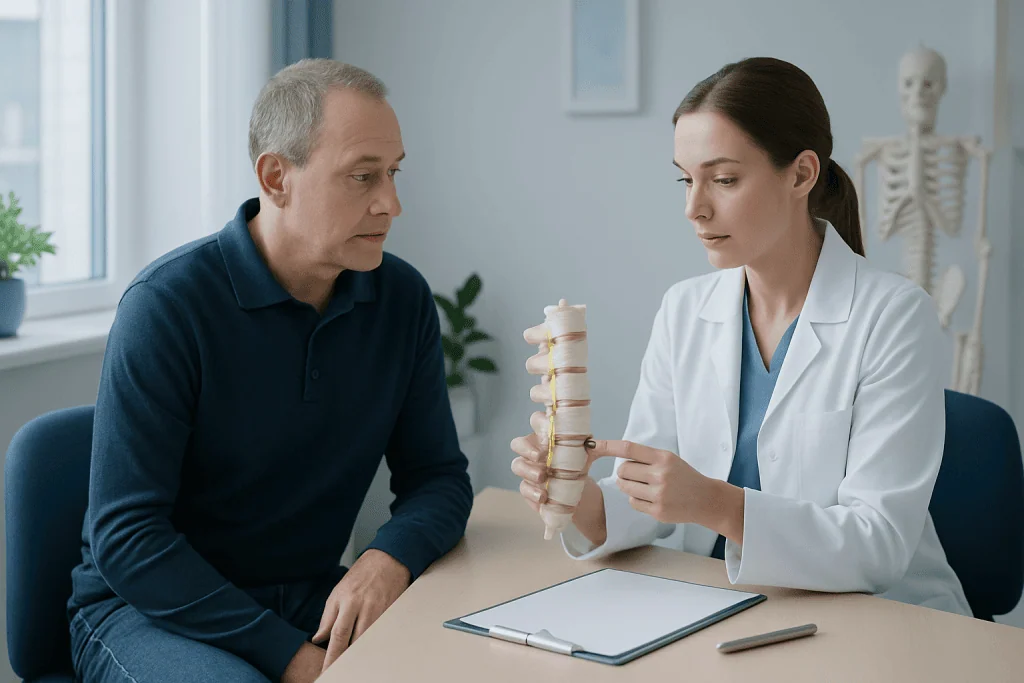 Doctor explaining herniated disc treatment to patient with spine model.
