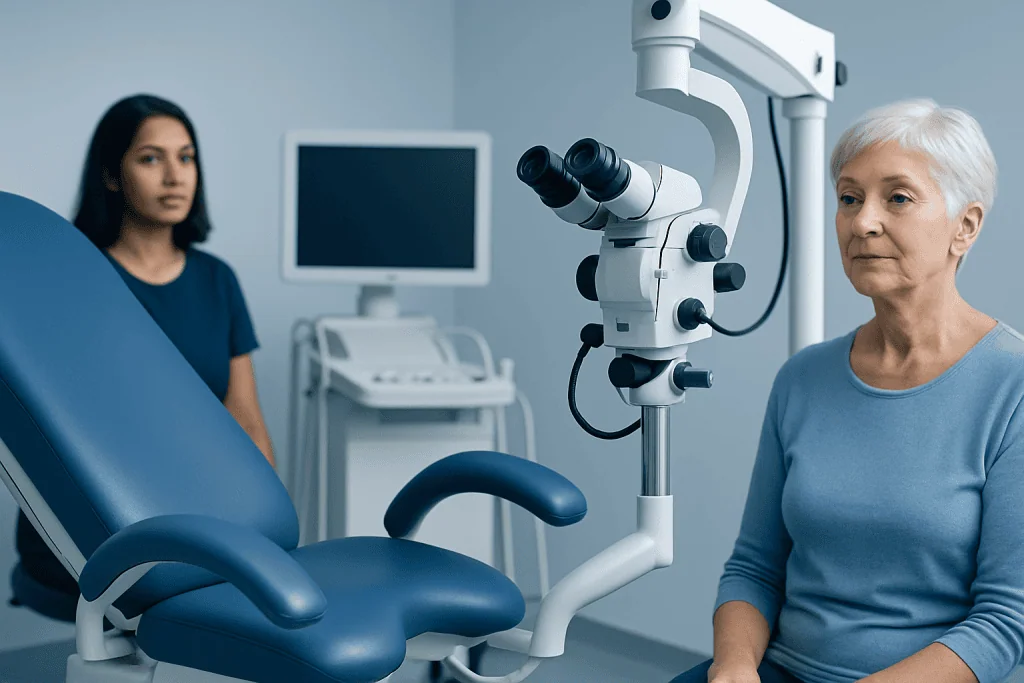Senior woman undergoing eye examination with a slit lamp at Acibadem Hospital.