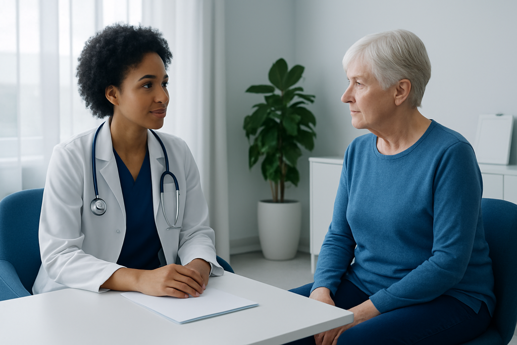 Doctor consulting with elderly patient in a modern medical office.