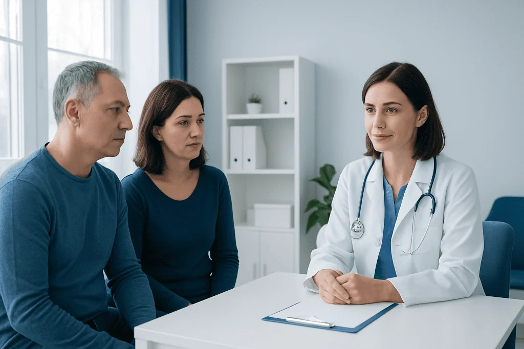 Doctor consulting with two patients in a medical office setting.