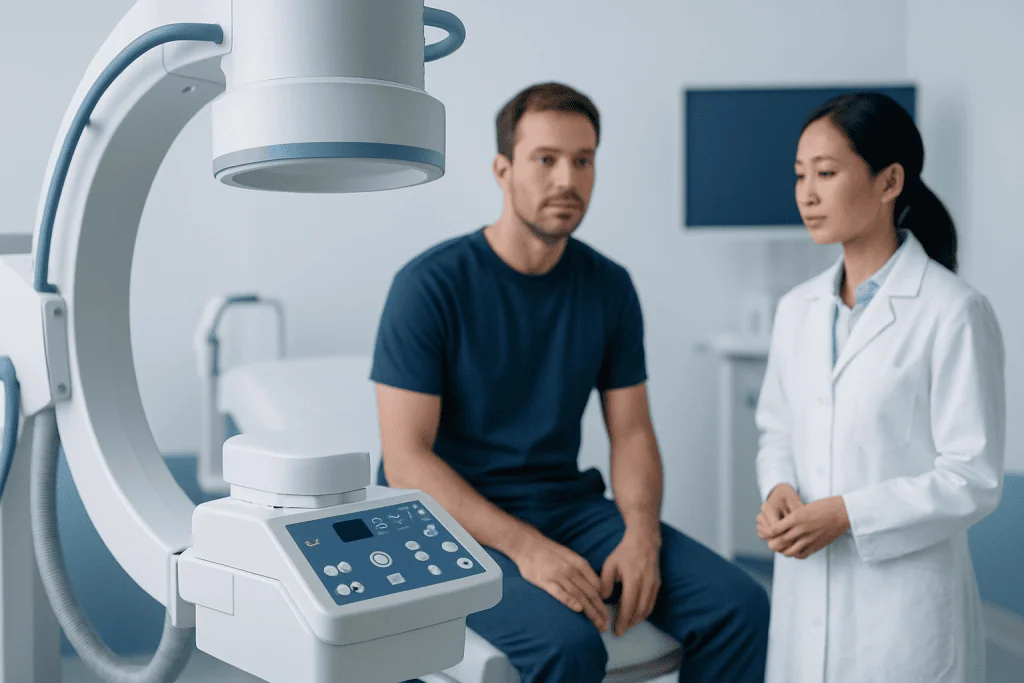 Doctor explaining medical imaging to patient in hospital room.