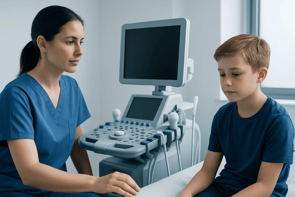 Pediatric doctor consulting a young boy in a medical examination room.