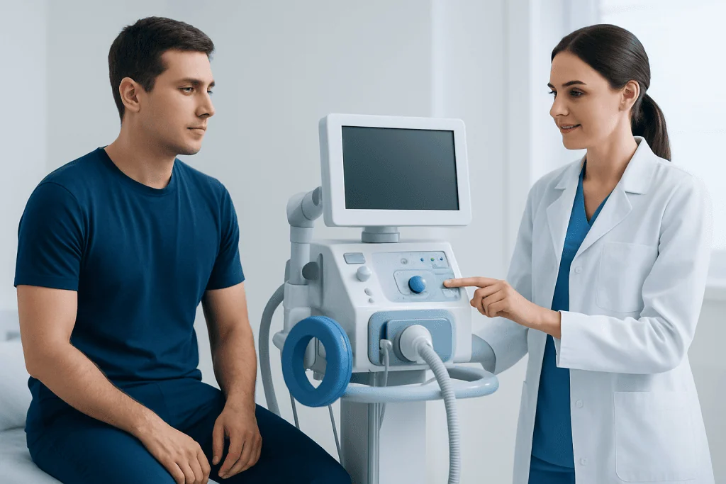 Doctor explaining medical device to patient in clinic setting.