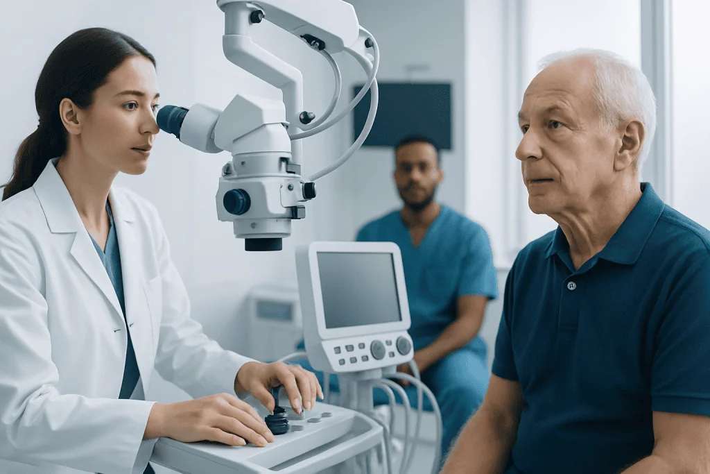 Doctor performing a neurological exam with a microscope in a hospital setting.