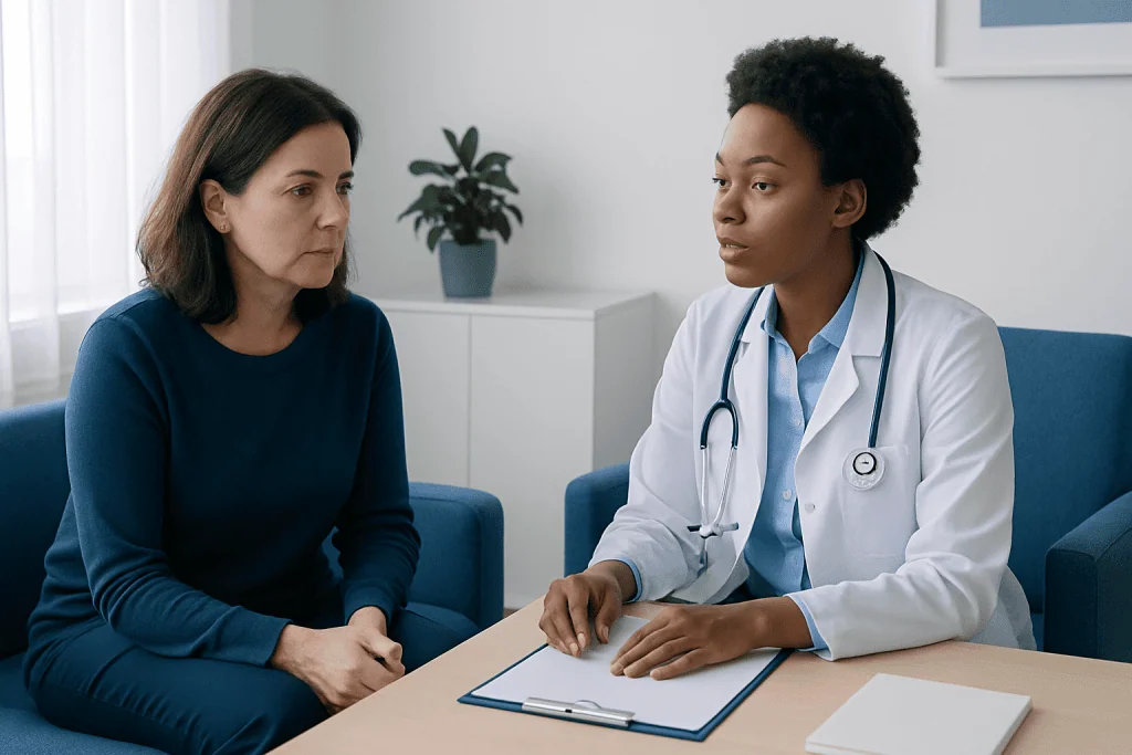 Doctor consulting with a patient in a modern medical office.