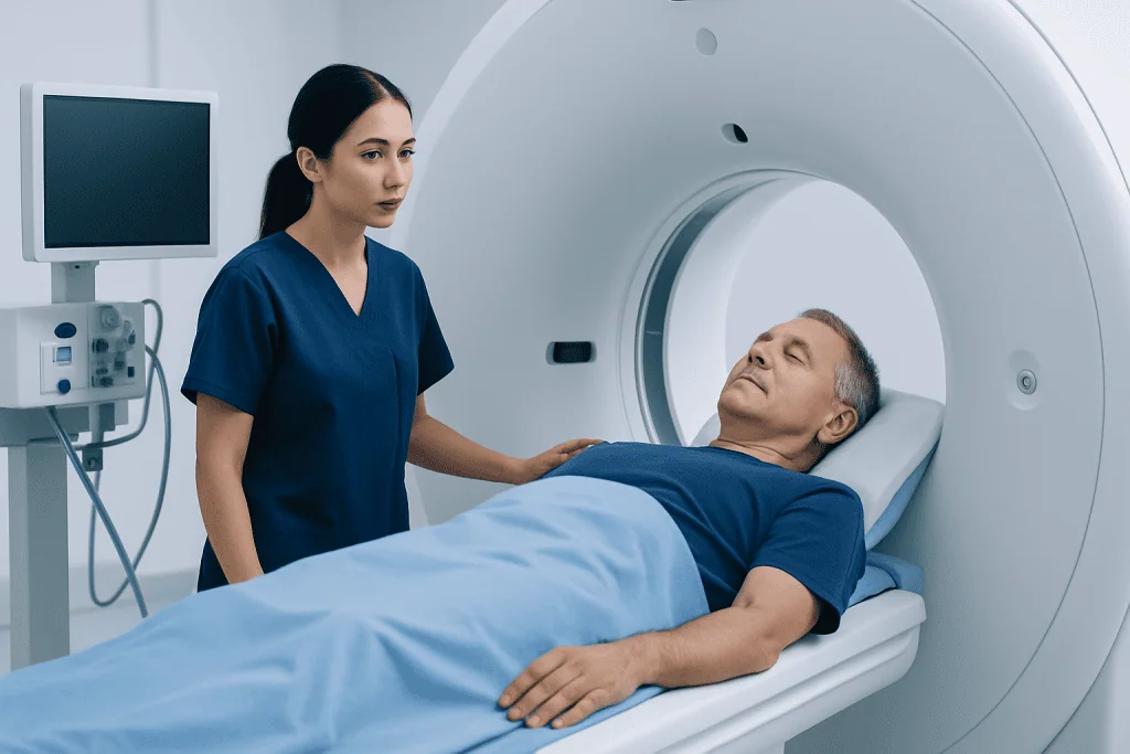 Medical technician prepares patient for MRI scan at Acibadem Hospital.