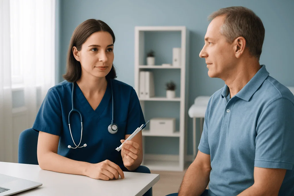 Doctor consulting with patient in a medical office setting.