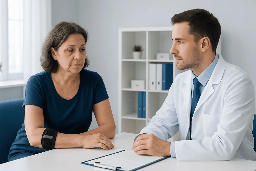 Doctor consulting with middle-aged woman about elbow pain treatment options.