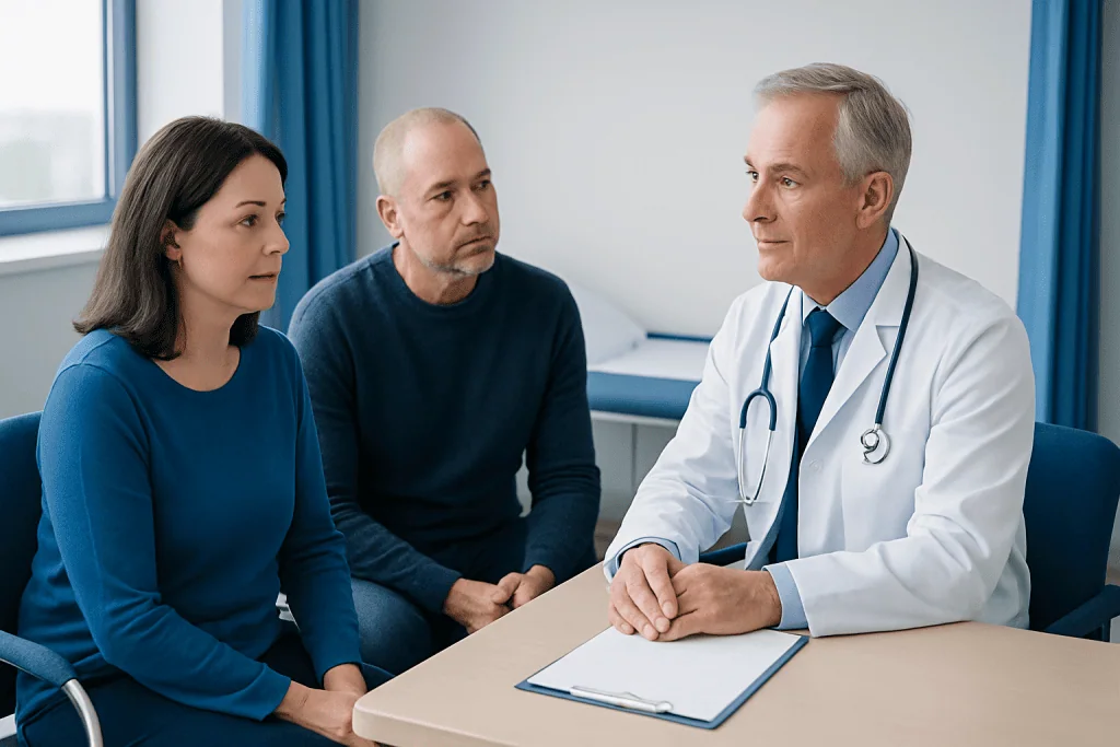 Doctor consulting with a couple in a medical office setting.