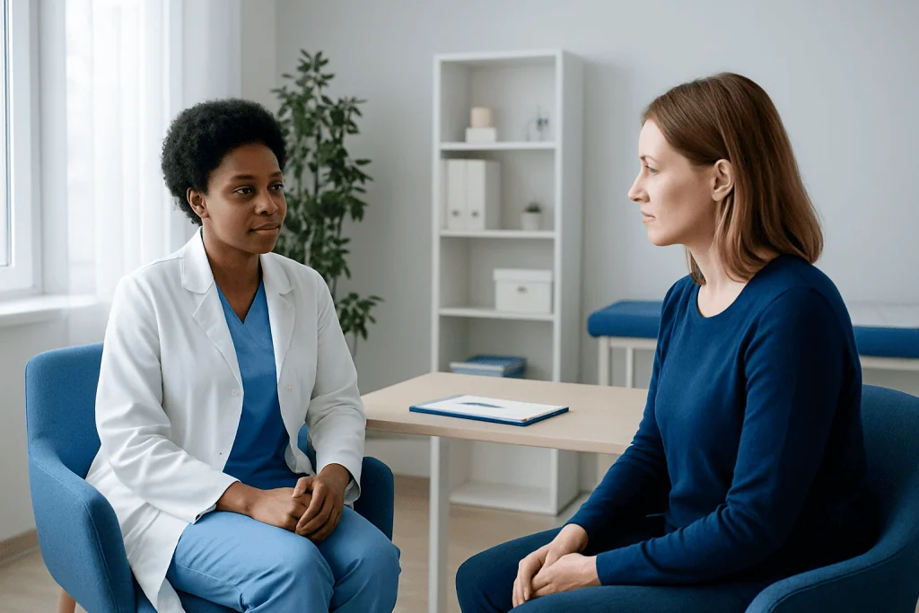 Doctor and patient having a consultation in a medical office.