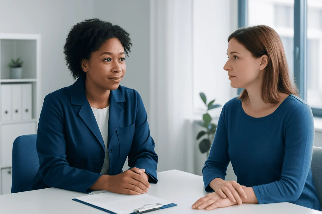 Two women having a serious discussion in a medical consultation setting.