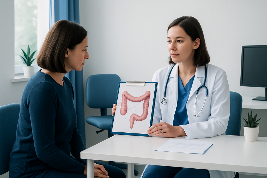 Doctor explaining colon health to patient with colon diagram.