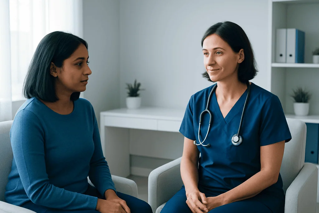 Doctor consulting with a patient in a modern medical office.