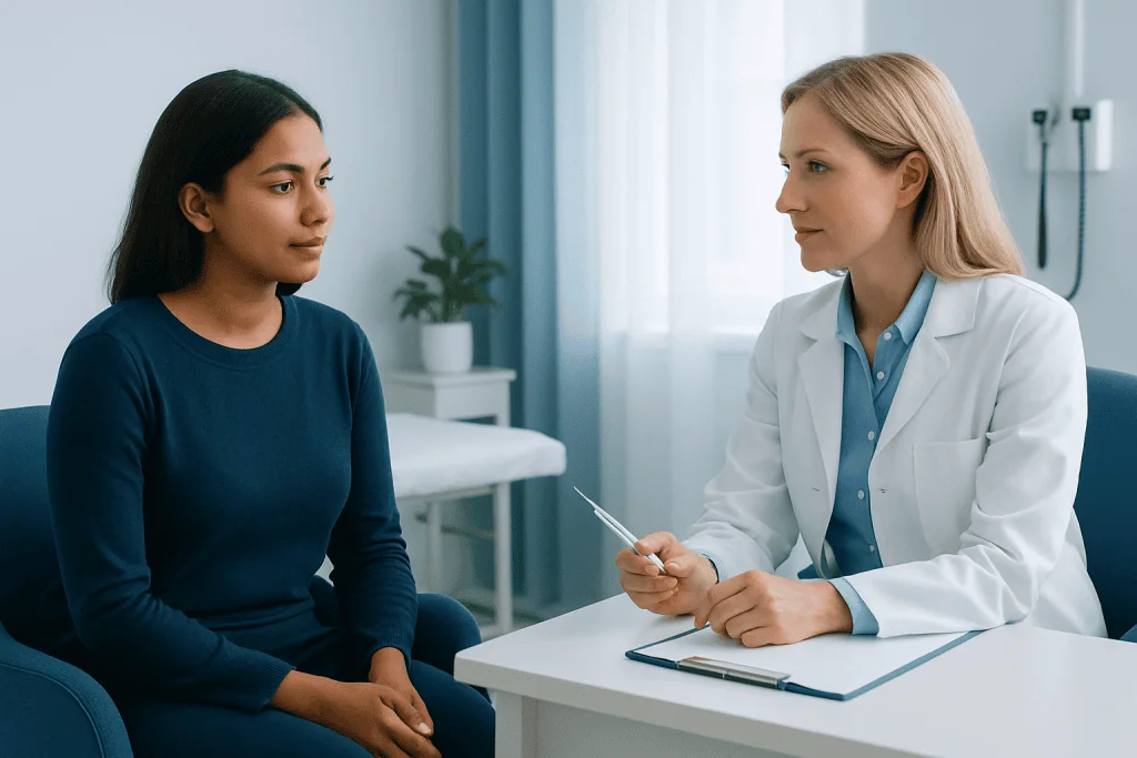 Doctor consulting with a patient in a medical office setting.