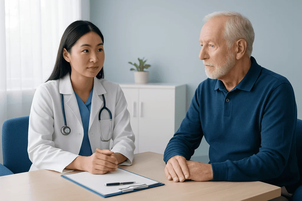 Doctor consulting with an elderly male patient in a medical office.