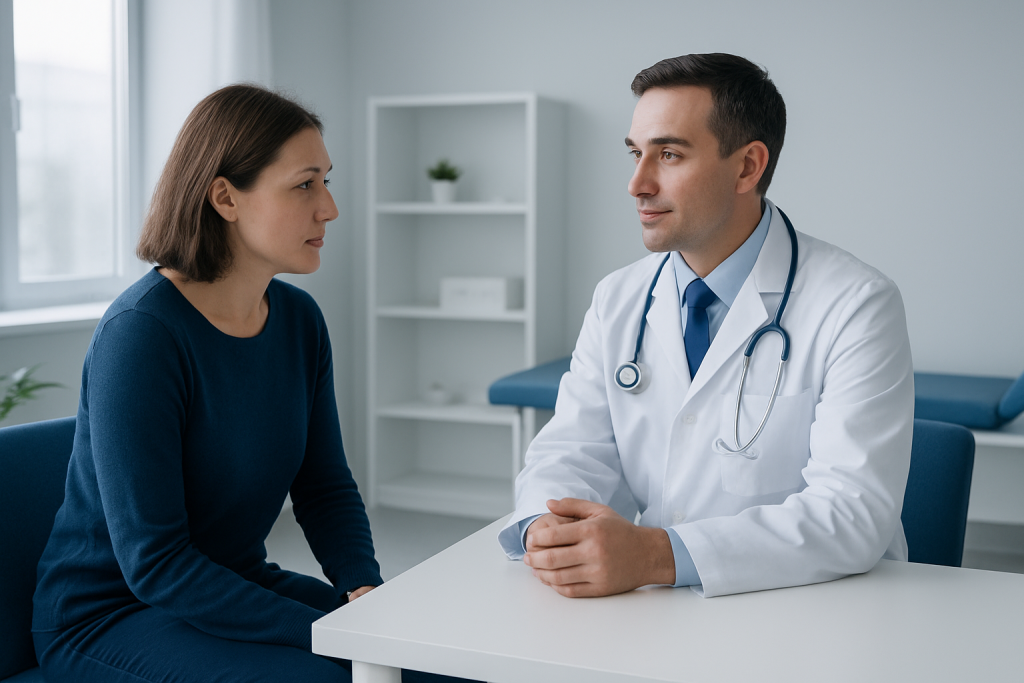 Doctor consulting with a female patient in a modern clinic setting.