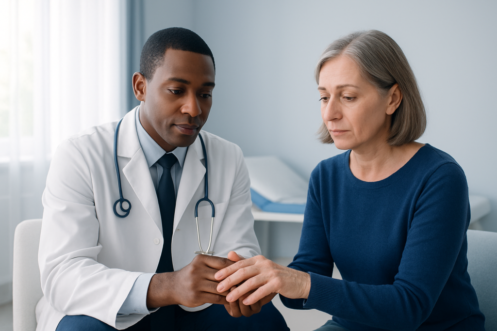 Doctor examining a patient's hand in a medical consultation room.