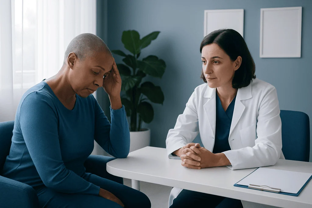 Patient consulting with doctor in a medical office setting.