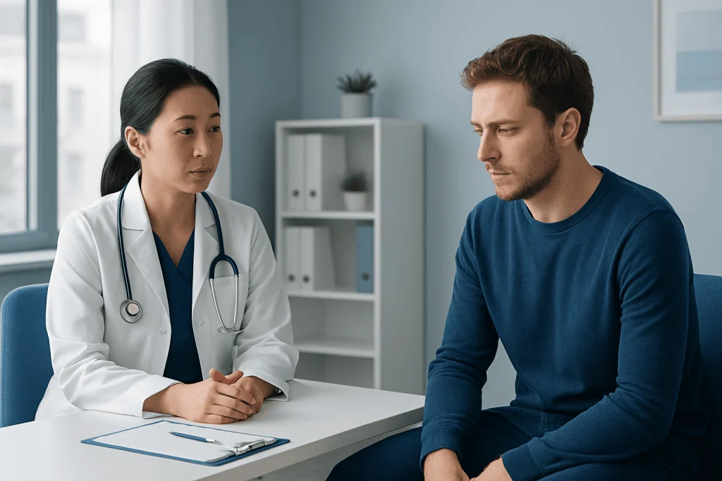Doctor consulting male patient in a modern clinic setting.