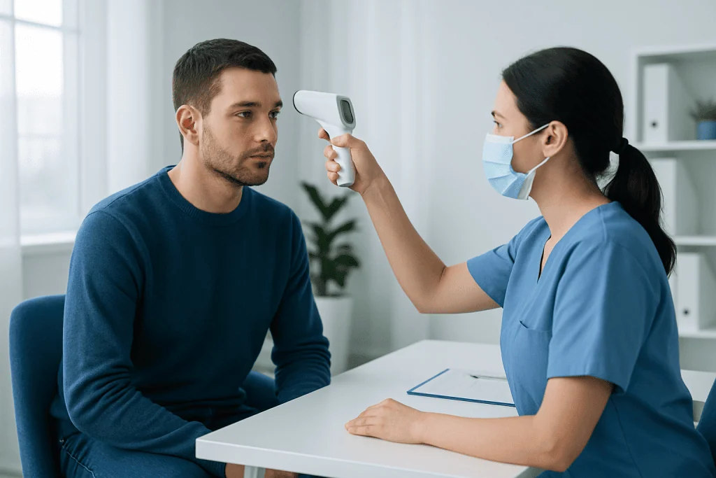 Healthcare professional checks patient's temperature with a digital thermometer.