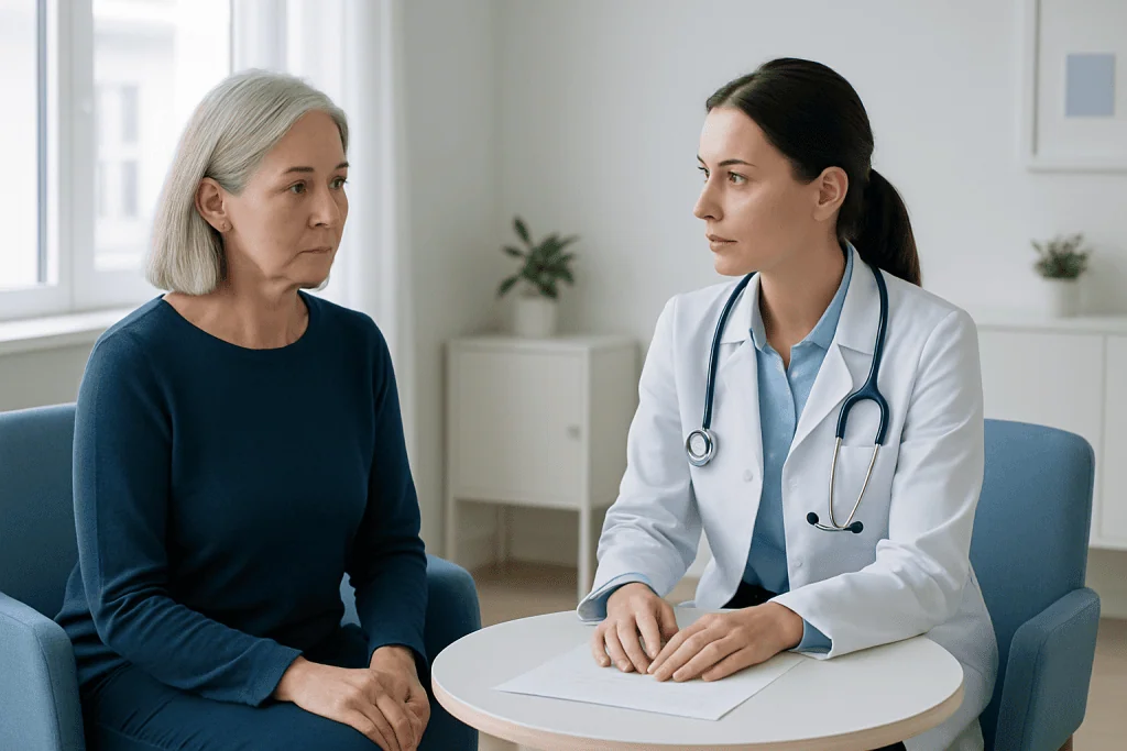Doctor consulting with an elderly female patient in a medical office.