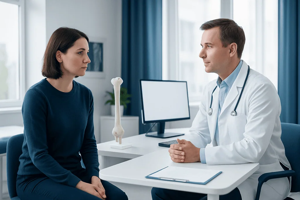 Doctor consulting with a patient in a medical office with a bone model on the desk.