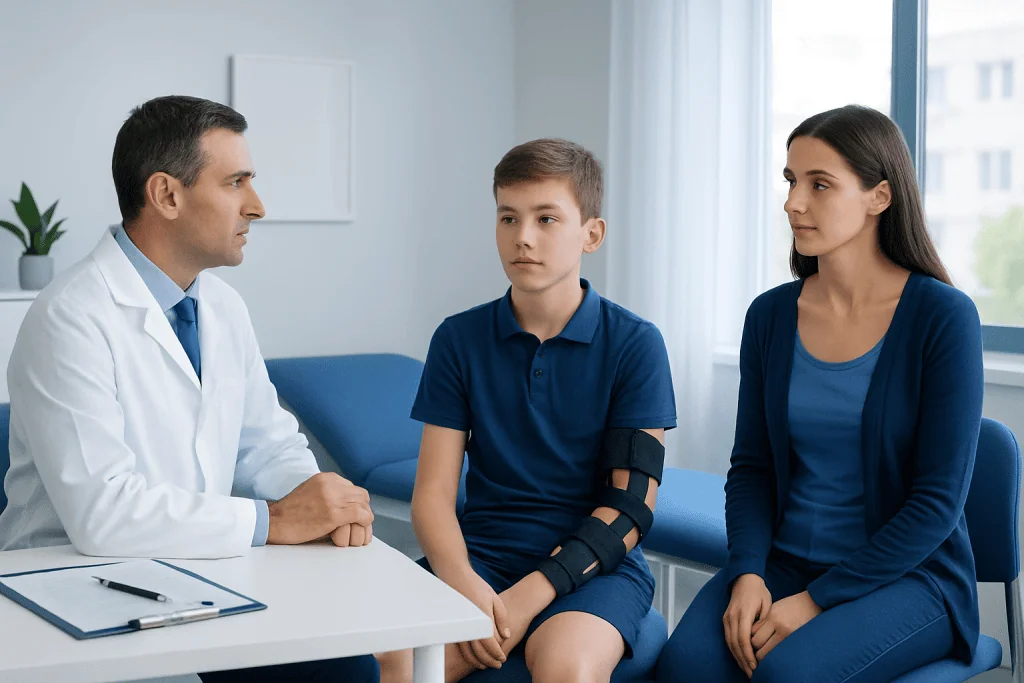 Doctor consulting with a young patient and his mother in a medical office.