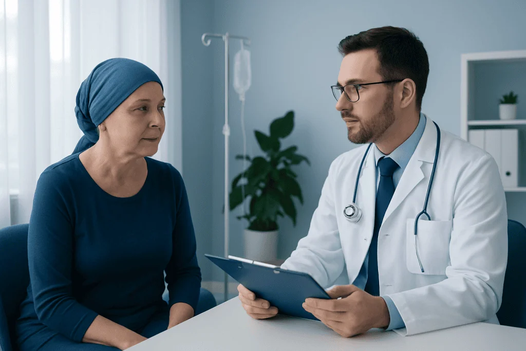 Doctor consulting with a female patient in a hospital room.