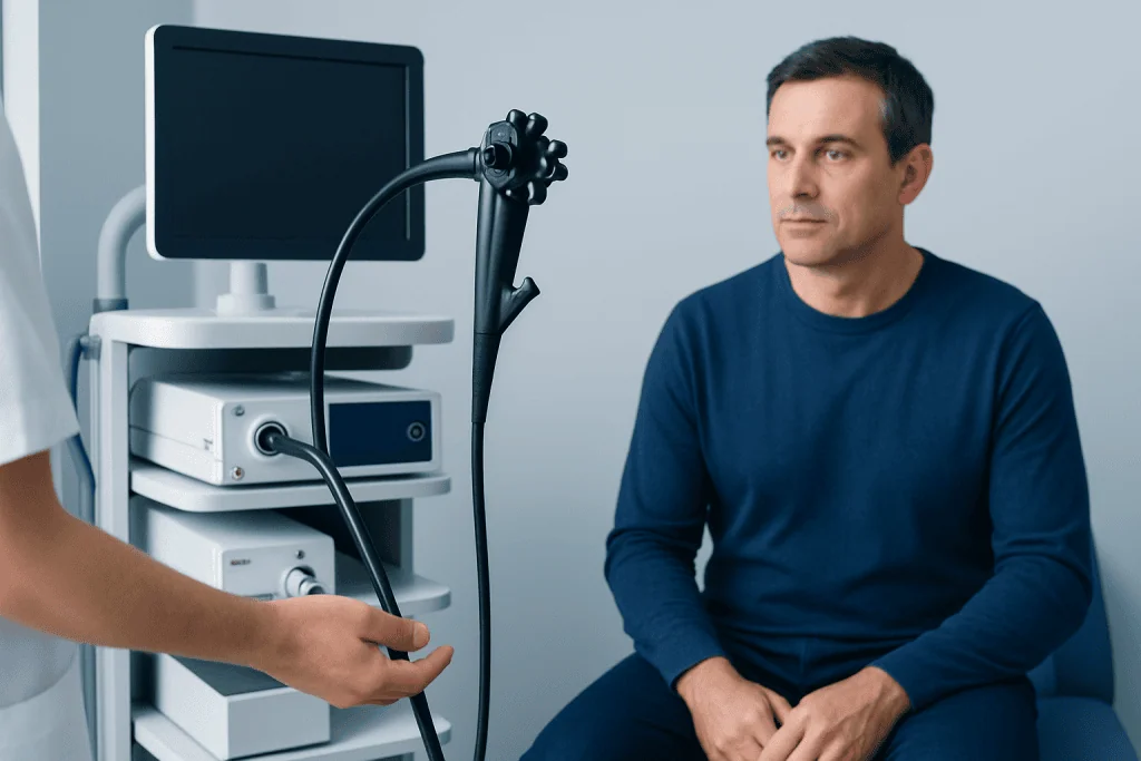 Doctor preparing for a colonoscopy consultation with a patient in a clinical setting.