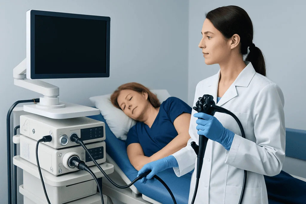 Doctor performing a colonoscopy on a patient in a hospital room.
