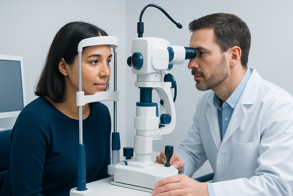 Optometrist performs eye exam using slit lamp on female patient.