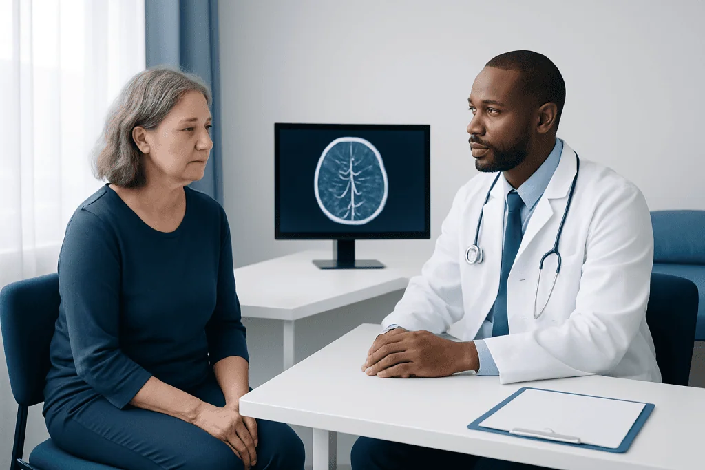 Doctor discussing brain scan results with a patient in a medical office.