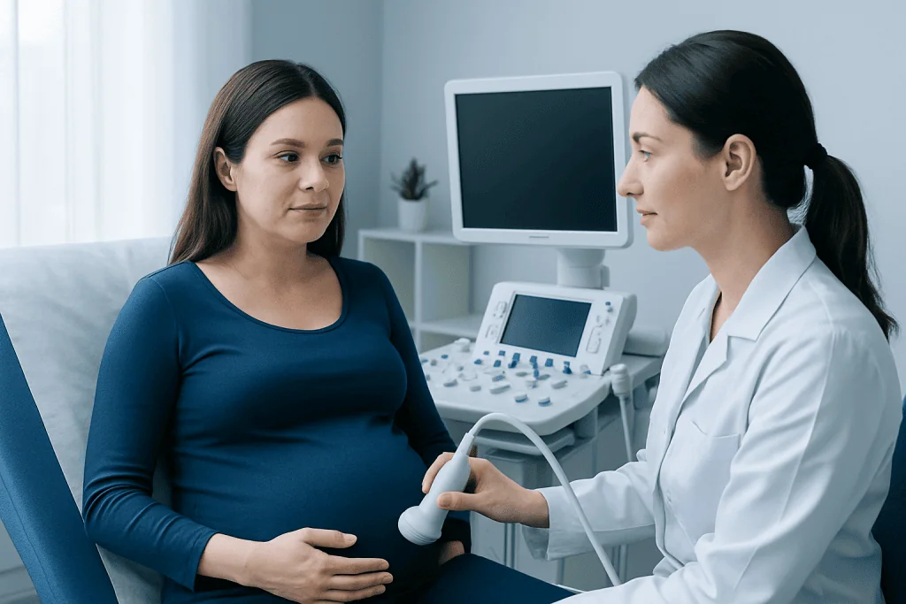 Pregnant woman undergoing ultrasound examination at hospital.