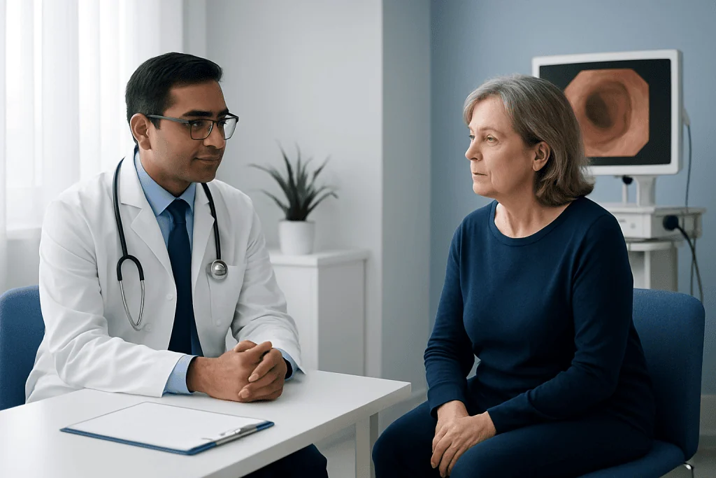 Doctor consulting with an older female patient in a medical office.