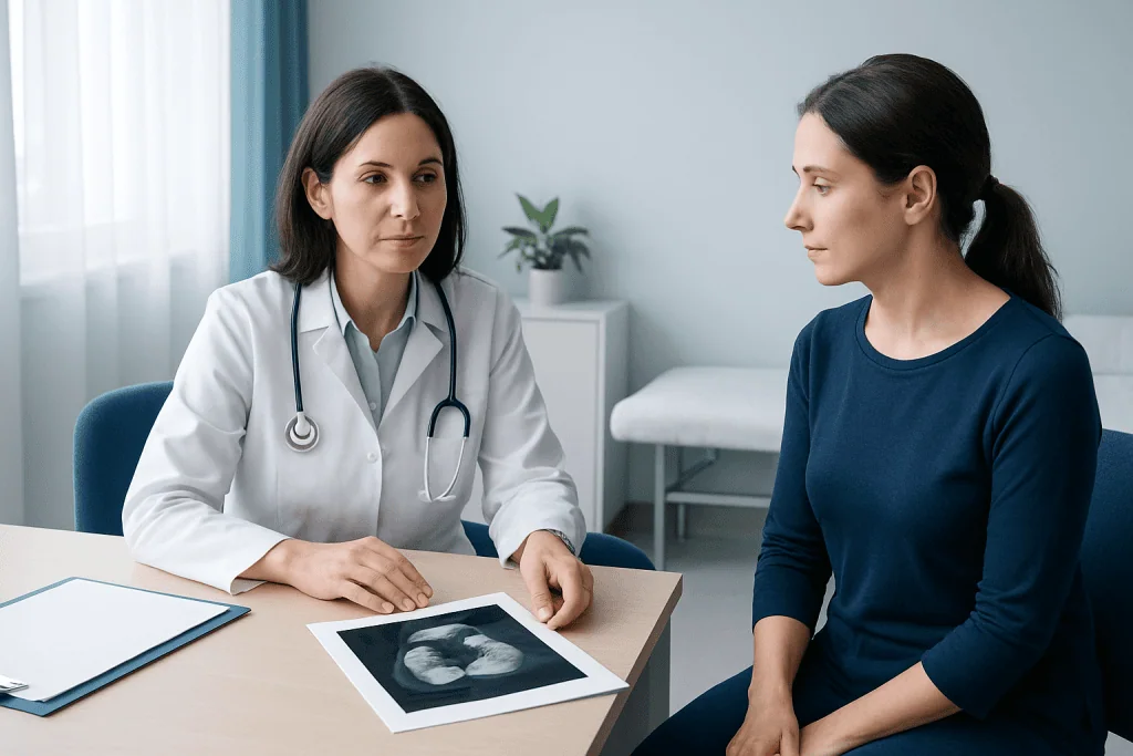 Doctor explaining ultrasound results to a patient in a medical consultation room.