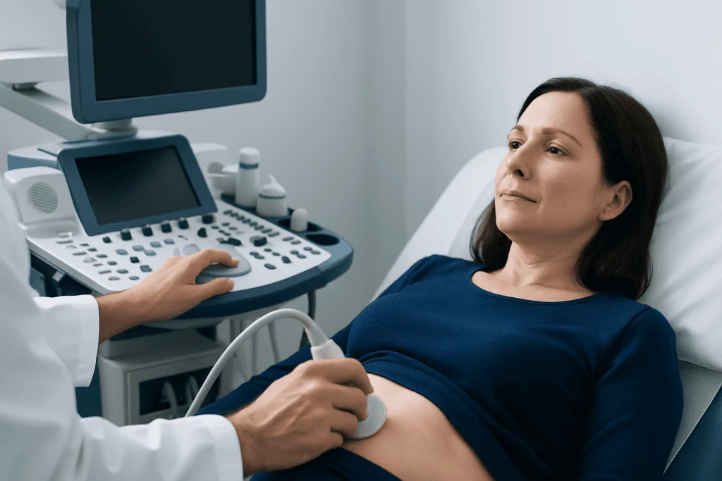 Woman undergoing kidney ultrasound at Acibadem Hospital.