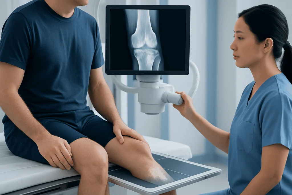 Doctor examining knee X-ray of a patient in a clinical setting.