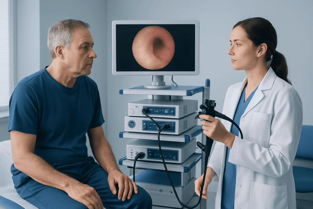 Urologist performs cystoscopy on male patient in a medical clinic.