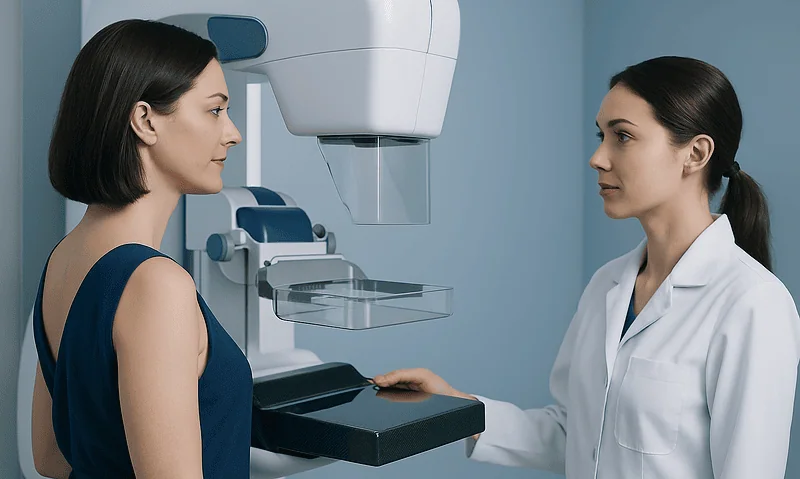 Woman undergoing mammogram with medical professional in a clinical setting.