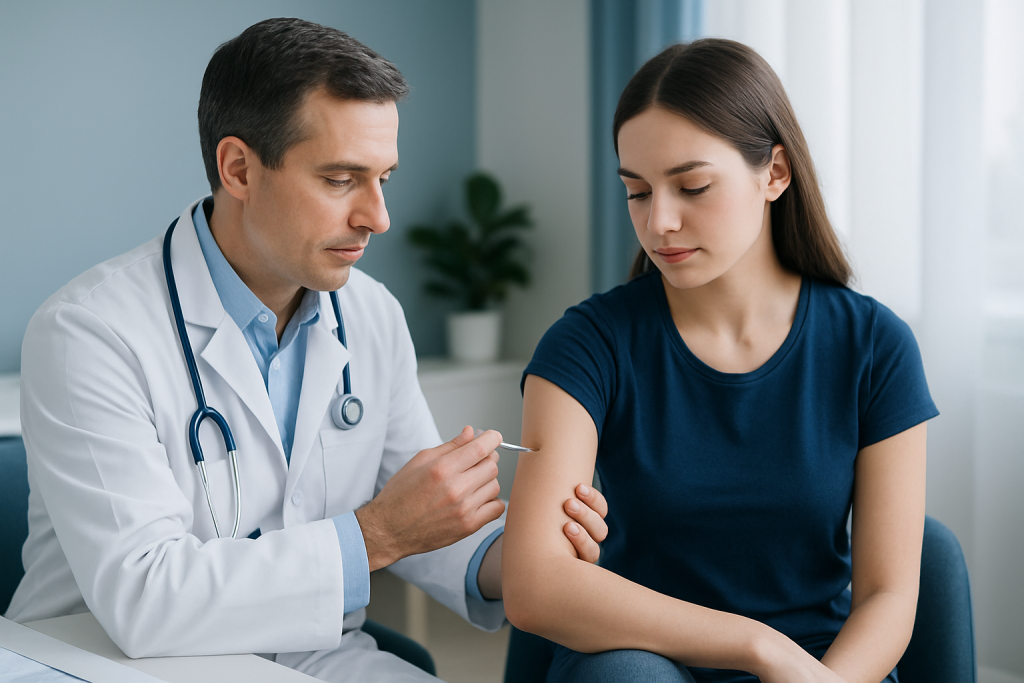 Doctor administering vaccine to young woman in clinic setting.