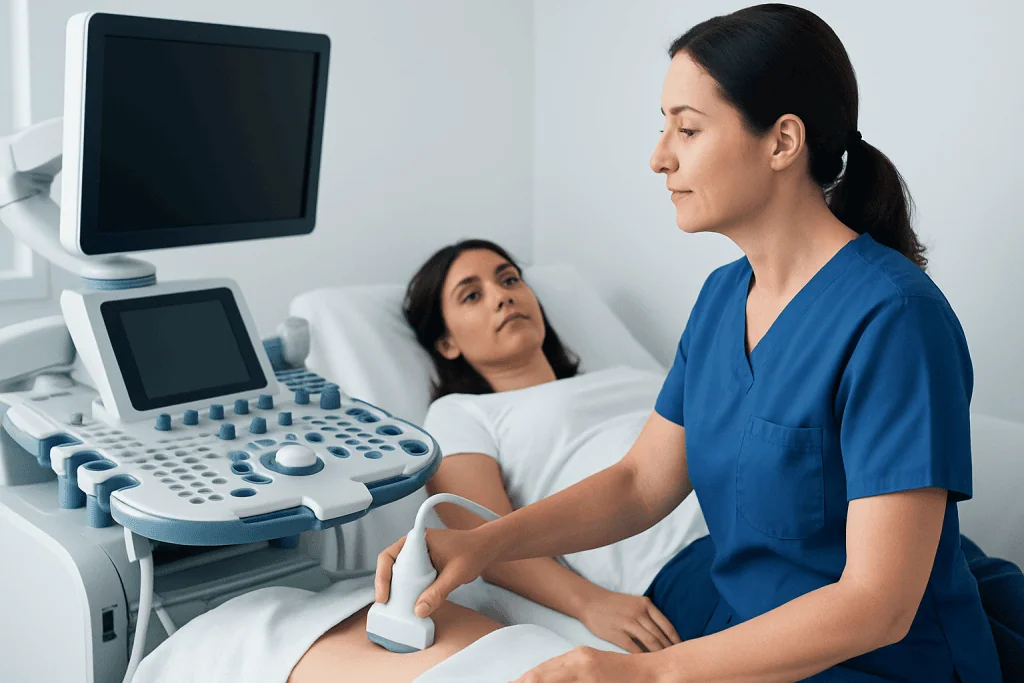 Medical professional performing an ultrasound on a patient in a hospital room.