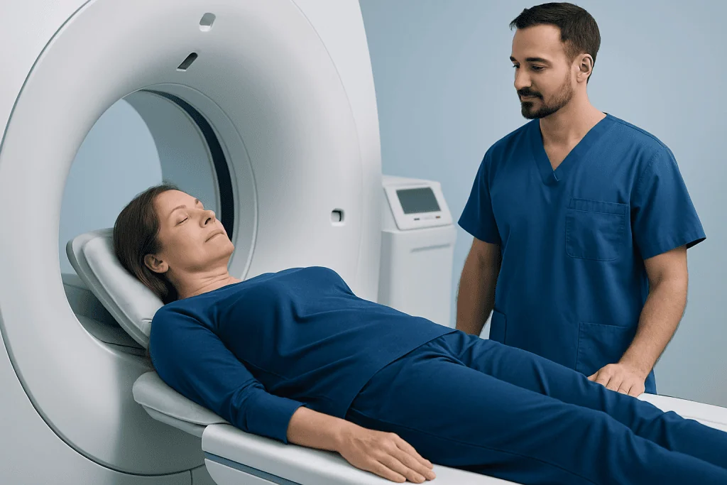 Patient undergoing a PET scan at Acibadem Hospital with medical staff present.