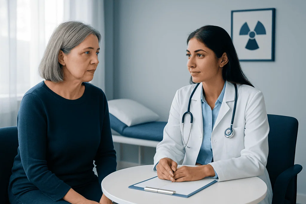 Doctor consulting with a patient in a medical office with radiation symbol on the wall.