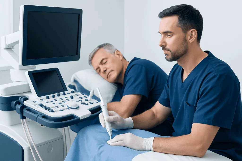 Urologist prepares for prostate biopsy with ultrasound guidance.