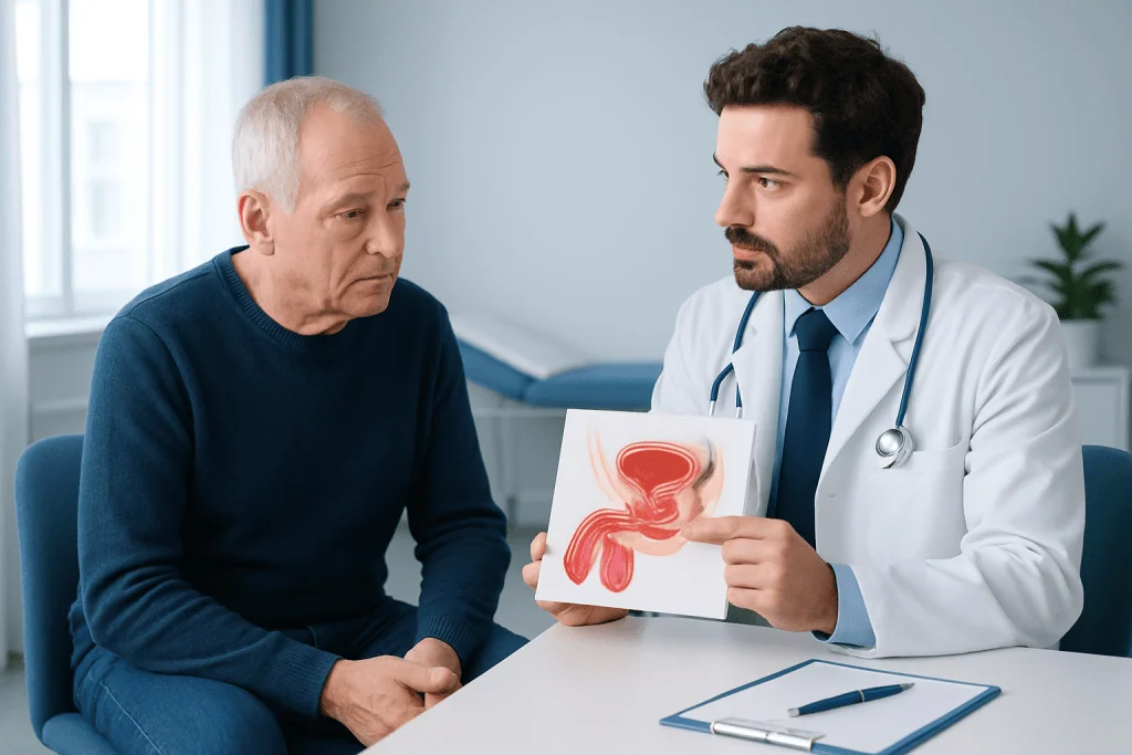 Urologist explaining prostate anatomy to an elderly patient in a clinic setting.