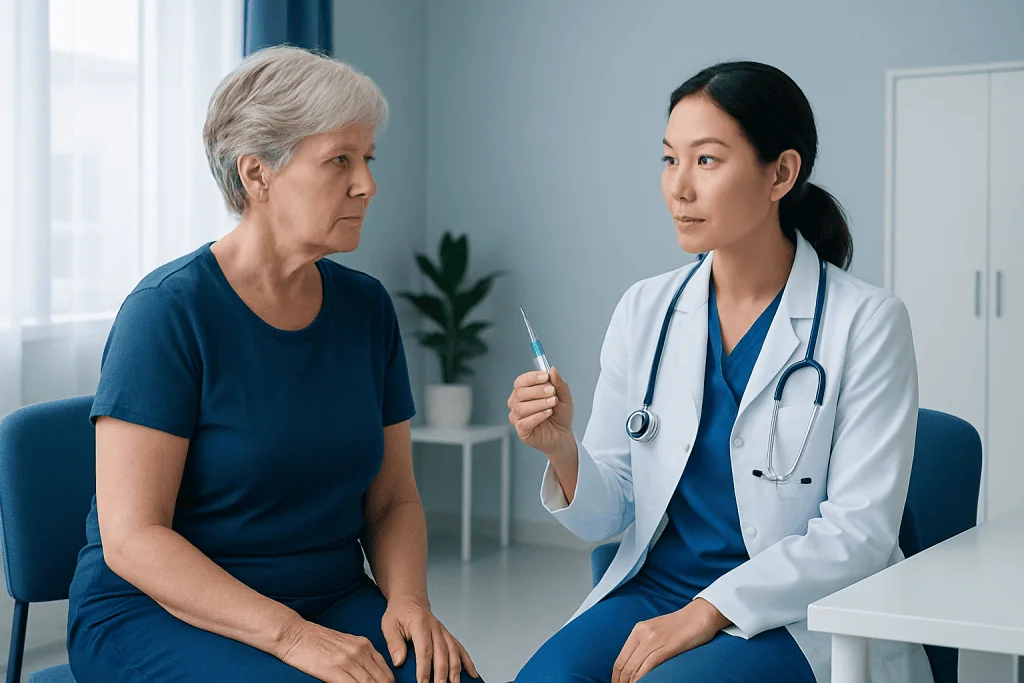 Doctor explaining subcutaneous injection to an elderly patient in a clinic.