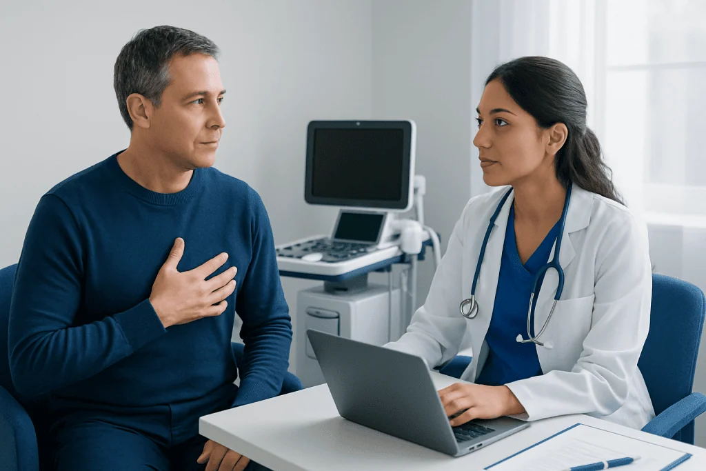 Doctor consulting with male patient in a medical office setting.