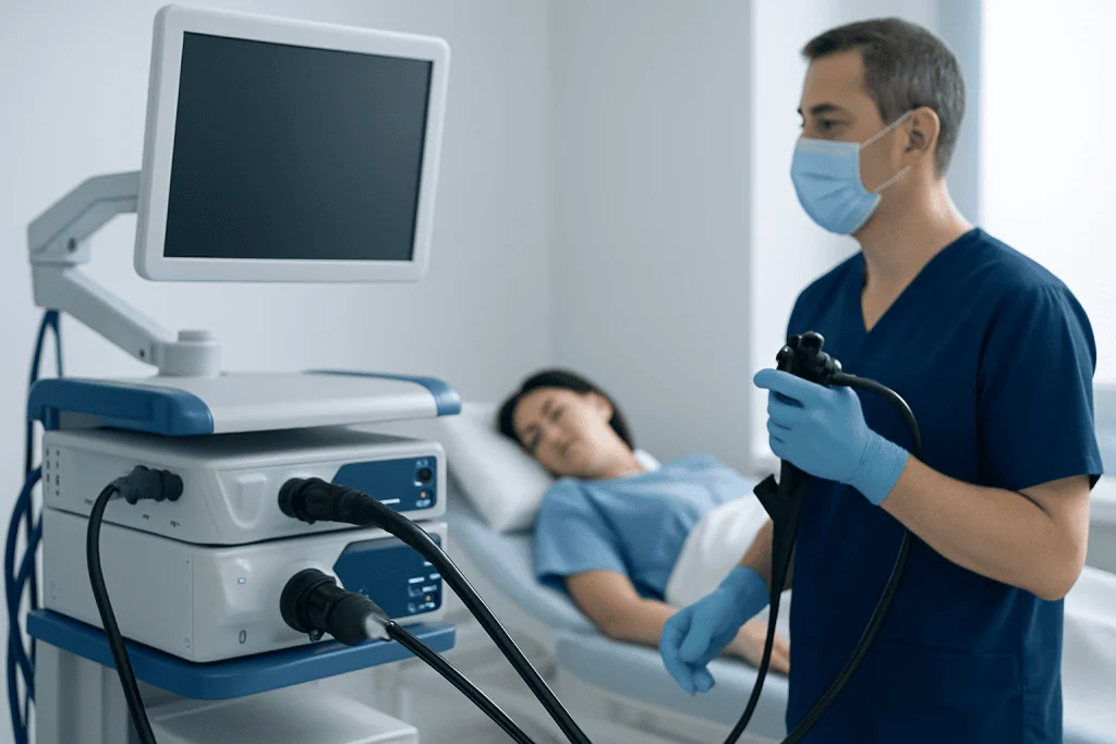 Doctor preparing for an endoscopy procedure in a hospital room.