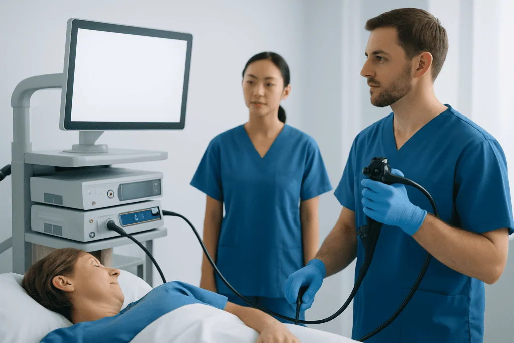 Medical professionals perform endoscopy on a patient in a hospital setting.
