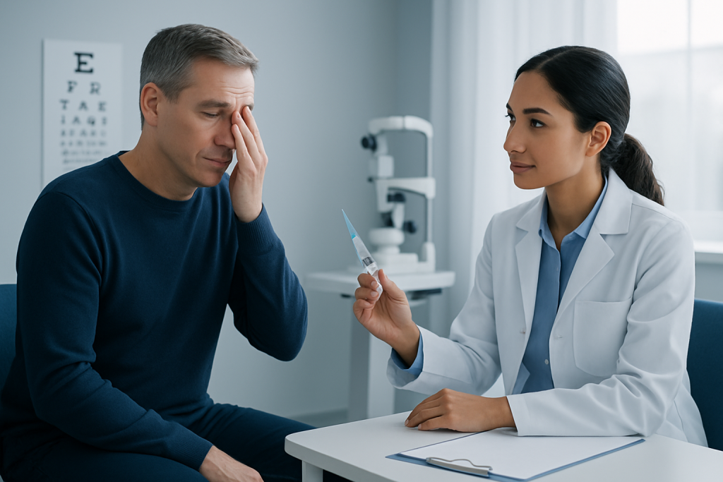 Patient consulting with doctor about eye pain at Acibadem Hospital.